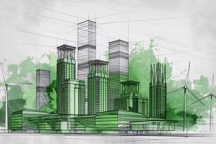 A futuristic eco-city skyline with skyscrapers and wind