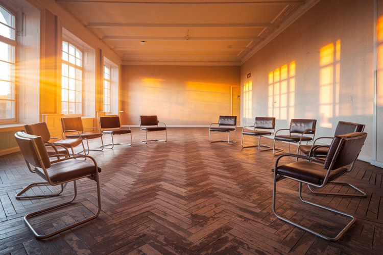 A sunlit modern living room with chairs