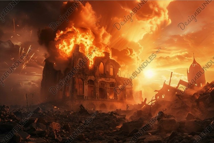 Apocalyptic destruction of city at sunset