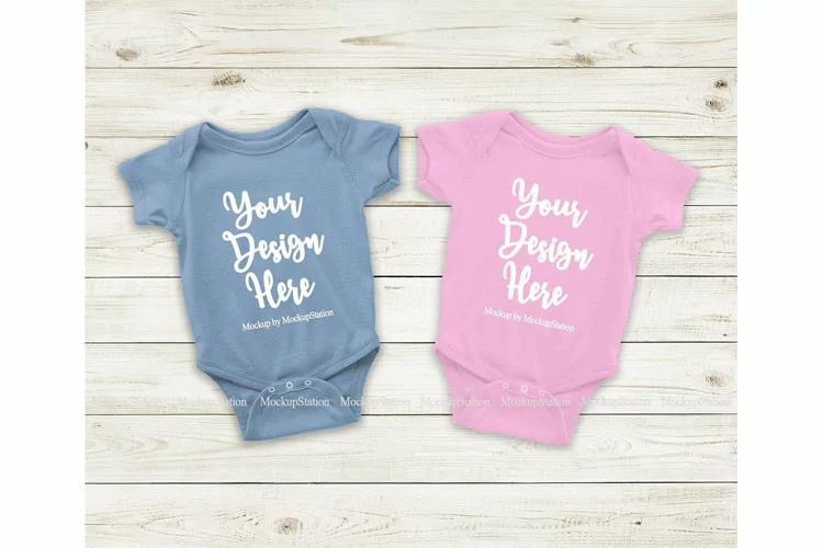 Matching Newborn Blue Pink Baby Bodysuit Mock Up Flat Lay
