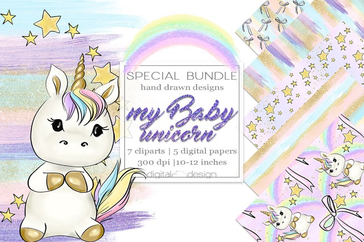 My Baby Unicorn - Clipart and digital paper example image 1