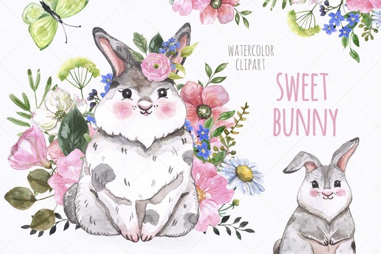 Watercolor Cute Bunny Easter Spring Little Rabbit Clipart example image 1