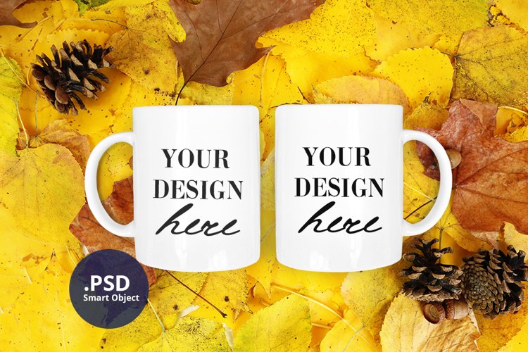 2 mugs PSD mockup Autumn, Two coffee mugs mockup Fall example image 1