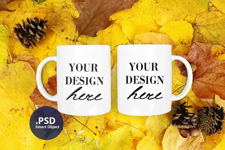 2 mugs PSD mockup Autumn, Two coffee mugs mockup Fall