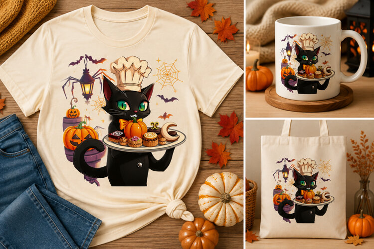Halloween Black Cat Chef PNG | Spooky Baking Pumpkin Design example image 1