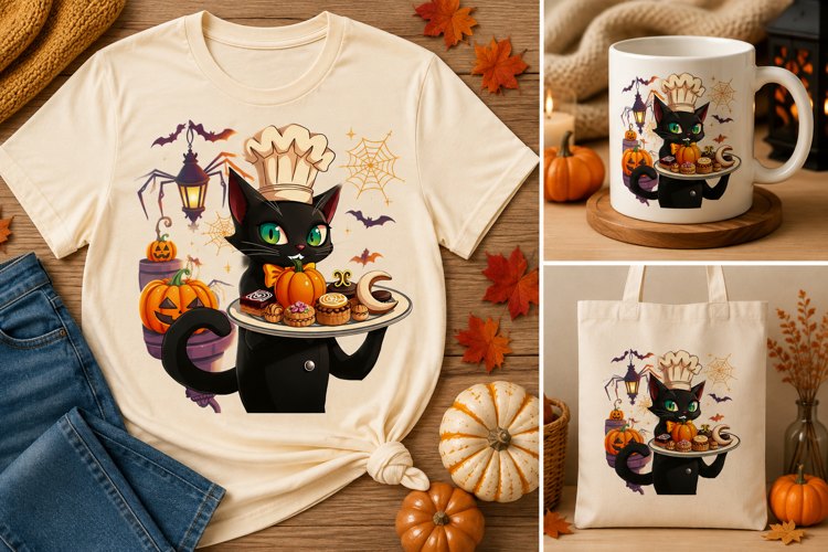 Halloween Black Cat Chef PNG | Spooky Baking Pumpkin Design