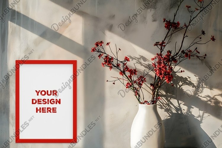 Frame mockup on grunge industrial wall with vase and flowers example image 1