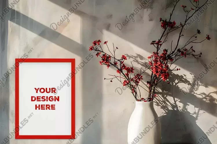 Frame mockup on grunge industrial wall with vase and flowers