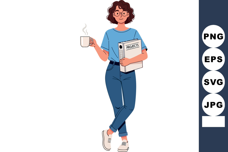 Woman holding coffee cup and project folder standing casual