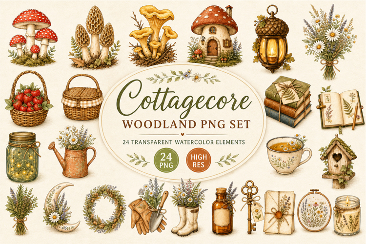 Cottagecore Woodland Clipart PNG, Watercolor Botanical