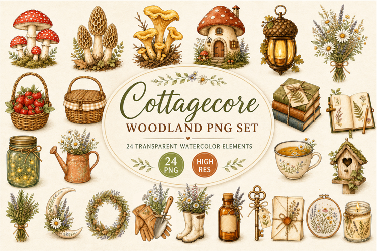 Cottagecore Woodland Clipart PNG, Watercolor Botanical