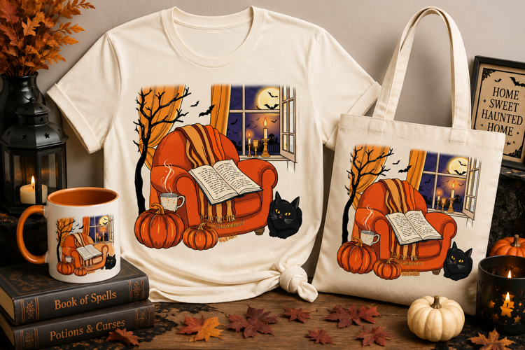Halloween Reading Nook PNG | Cozy Cat, Books & Pumpkins