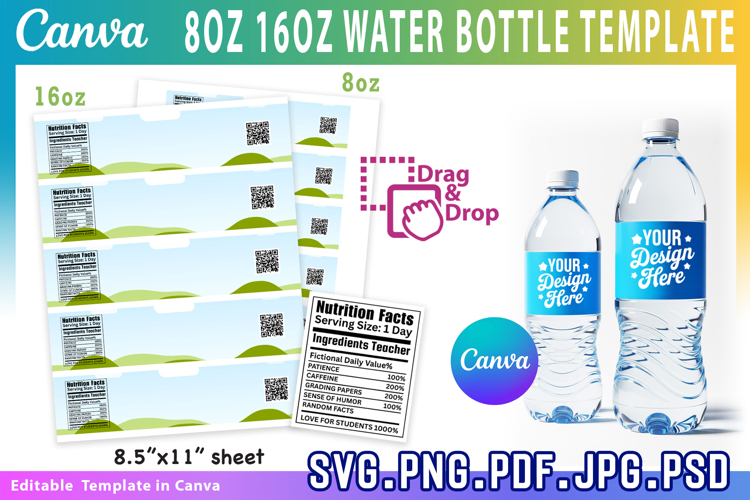 8oz,16oz Water Bottle Label Template, Water Bottle label