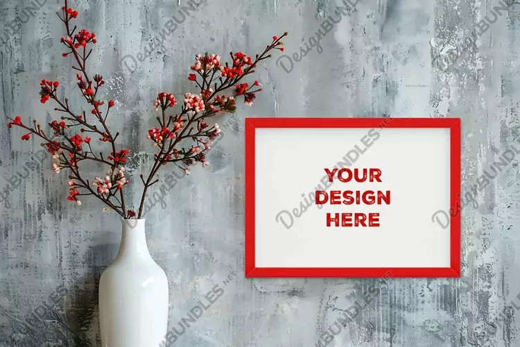Frame mockup on grunge industrial wall with vase and flowers