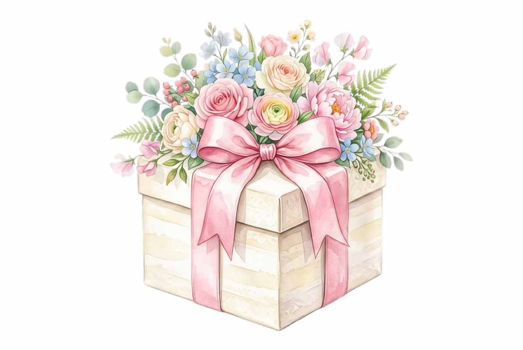 Watercolor elegant gift box with pink ribbon bow