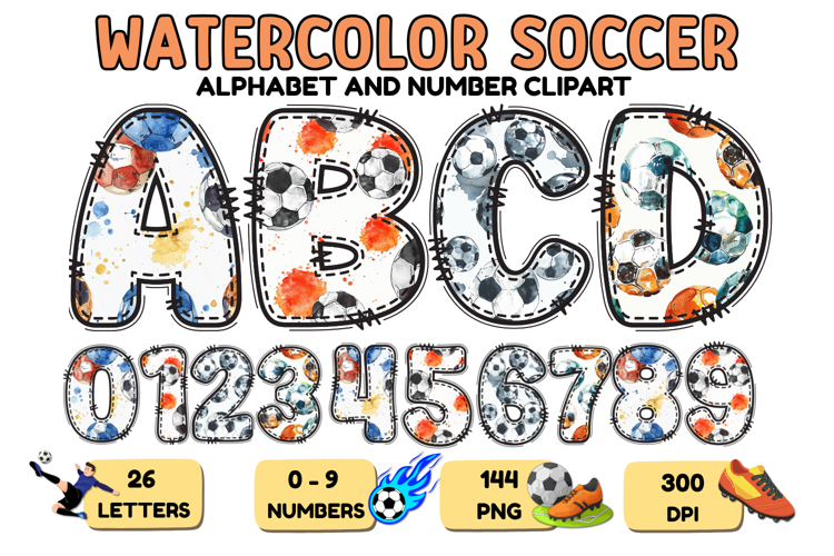 Watercolor Soccer Alphabert Numbers PNG Clipart 300DPI