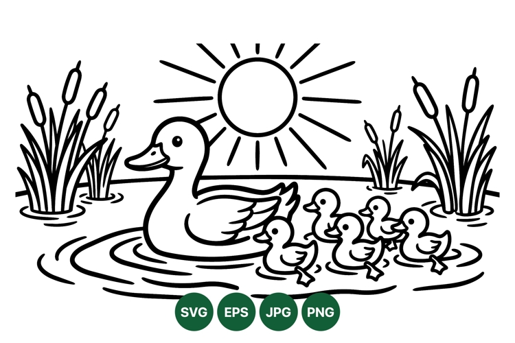 Cute Mama Duck With Baby Ducklings Svg Illustration