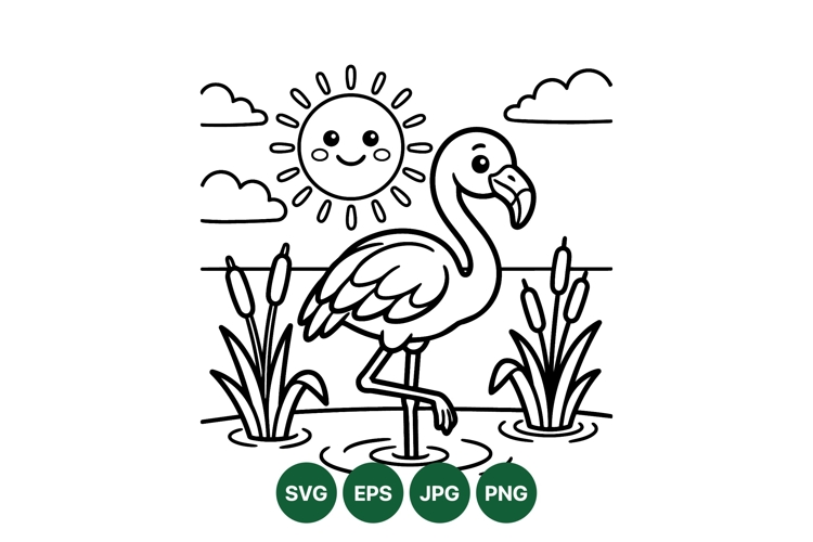 Cute Flamingo Black And White Line Art Vector