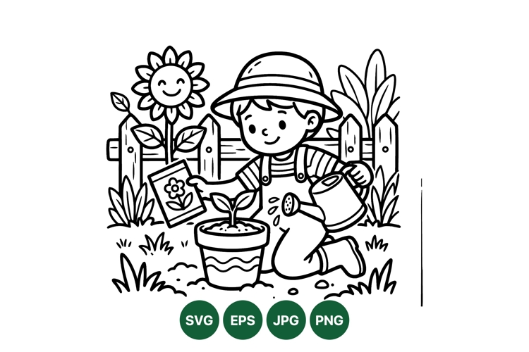 Hand Drawn Kid Gardening Scene SVG Design