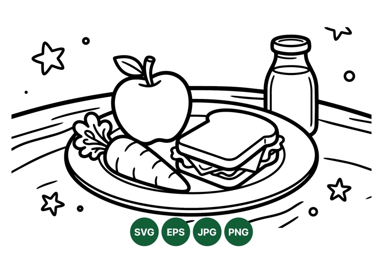 Cute Kids Lunch Food Clipart Coloring Illustration