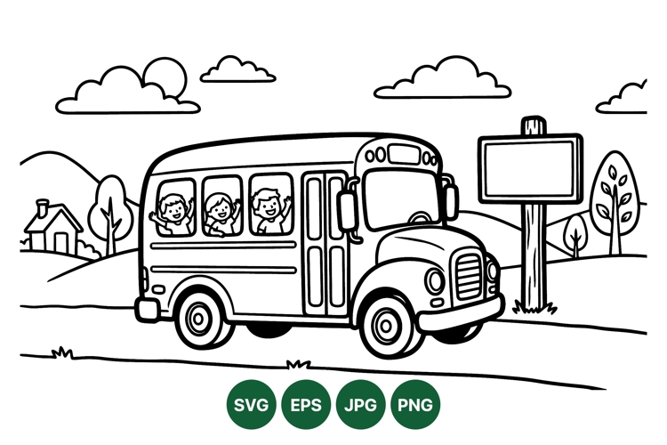 Line Art School Bus Svg With Kids Riding Vehicle