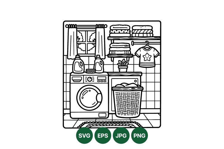 Black And White Laundry Room Line Art Illustration