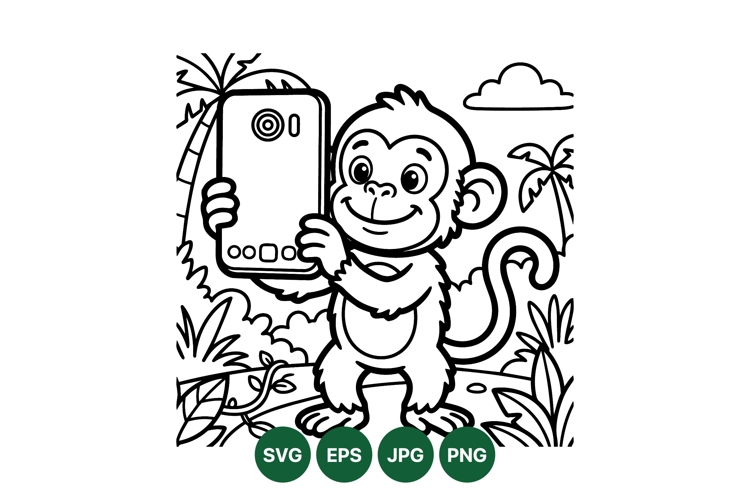 Cute Monkey Taking Selfie Line Art Illustration