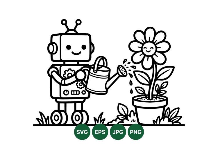 Cute Robot Watering Flower Svg Illustration