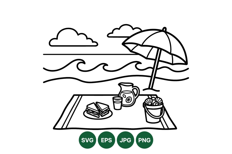 Summer Beach Picnic Line Art Illustration
