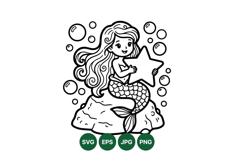 Hand Drawn Mermaid Vector Holding Star Graphic