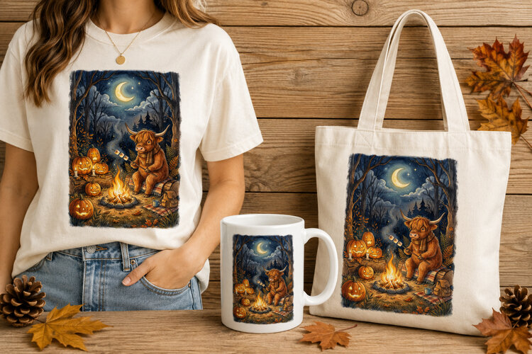 Highland Cow Roasting Marshmallows Halloween Campfire example image 1