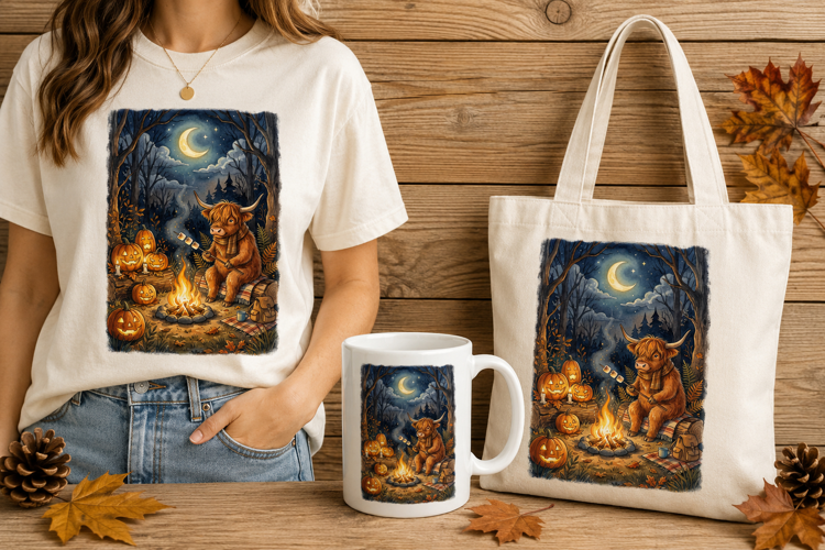 Highland Cow Roasting Marshmallows Halloween Campfire