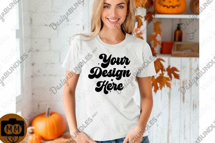 Bella Canvas 3001 Fall Woman Mockup,Fall white TShirt Mockup