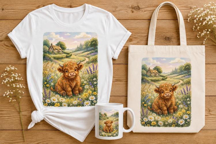 Baby Highland Cow Meadow Wildflowers Watercolor Art