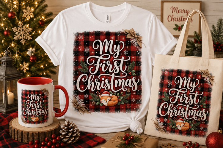 My First Christmas PNG | Buffalo Plaid Baby Fox Design