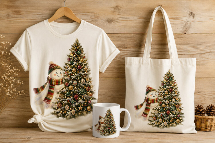 Cute Ghost in Scarf and Beanie Christmas Tree Art PNG example image 1