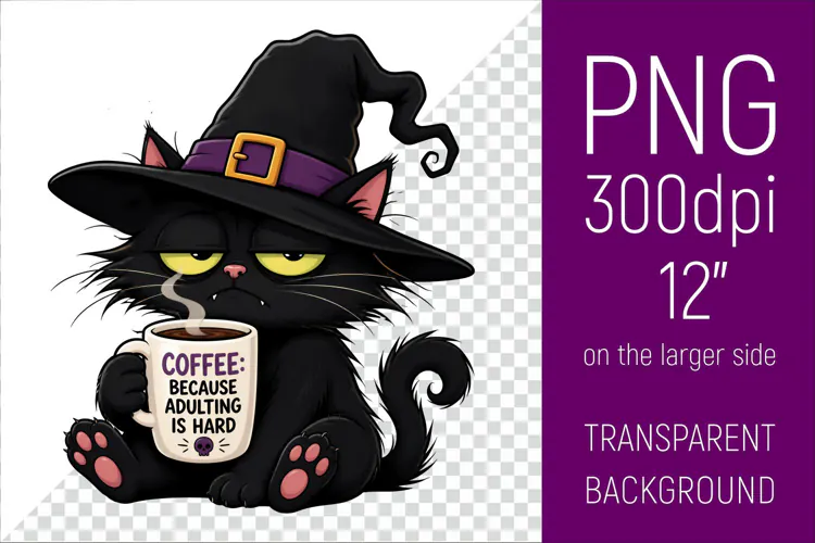 Funny Morning Coffee Cat in Witch Hat | Halloween Clipart