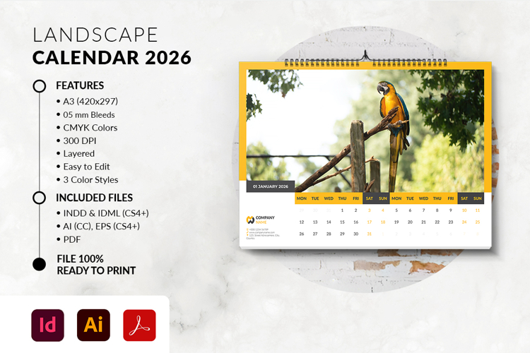 A3 Landscape Calendar 2026