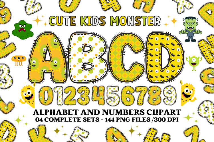 Cute Kids Monster Alphabet & Numbers doodle PNG Clipart