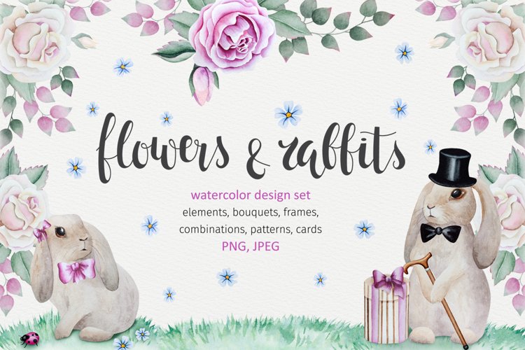 Rabbits and flowers collection. example image 1