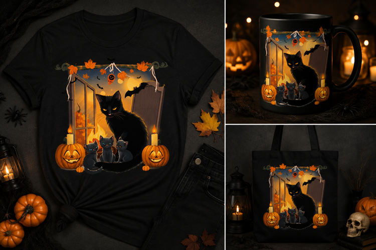 Halloween Black Cat Family PNG | Spooky Pumpkin Cat Design