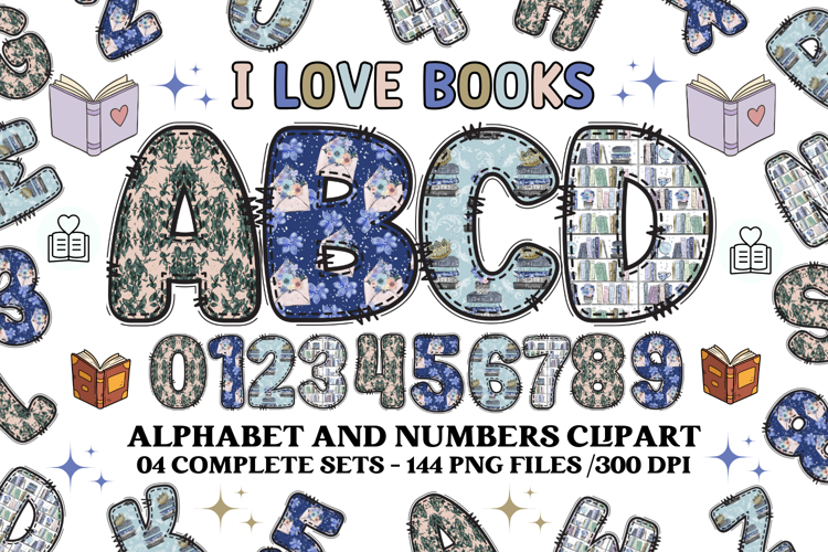 I Love Books Alphabet Clip Art - Book Lover letters doodle