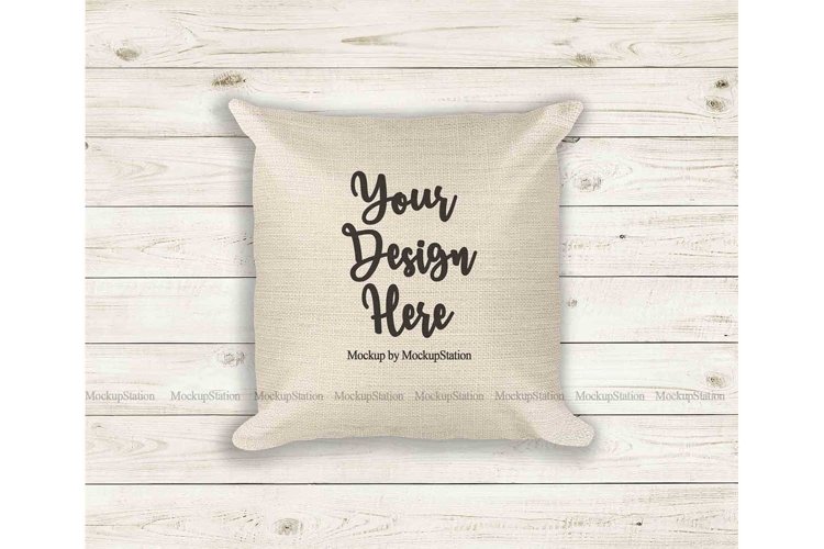 Beige Throw Pillow Mockup, Linen Square Cushion Flat Lay example image 1