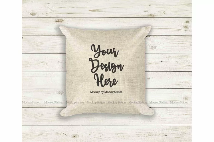 Beige Throw Pillow Mockup, Linen Square Cushion Flat Lay