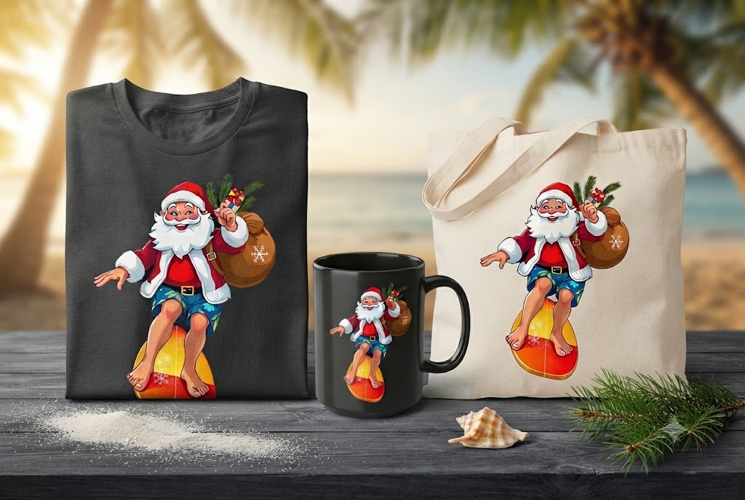 Surfing Santa PNG Beach Christmas Santa Clipart Design