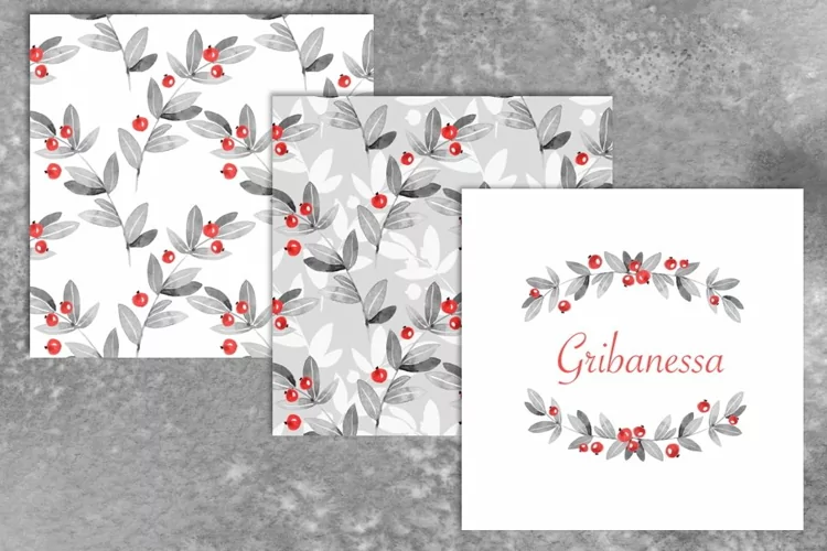 Watercolor seamless patterns with red berries