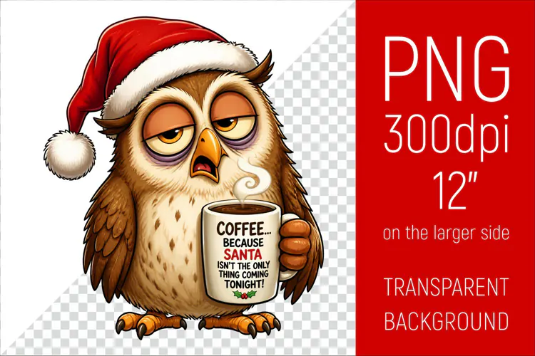 Funny Morning Coffee Owl in Santa Hat | Christmas Clipart