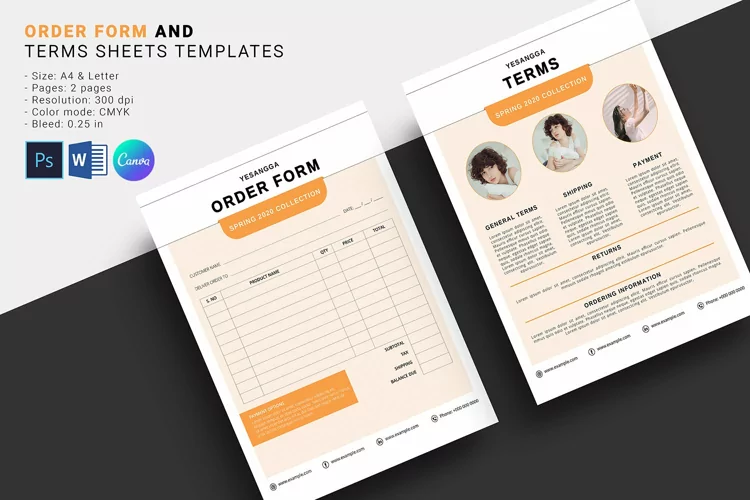 Order Form and Terms Sheets, Photoshop, Word and Canva