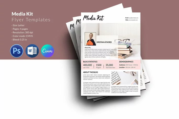Media Kit Template, Canva, Ms Word and Photoshop Template