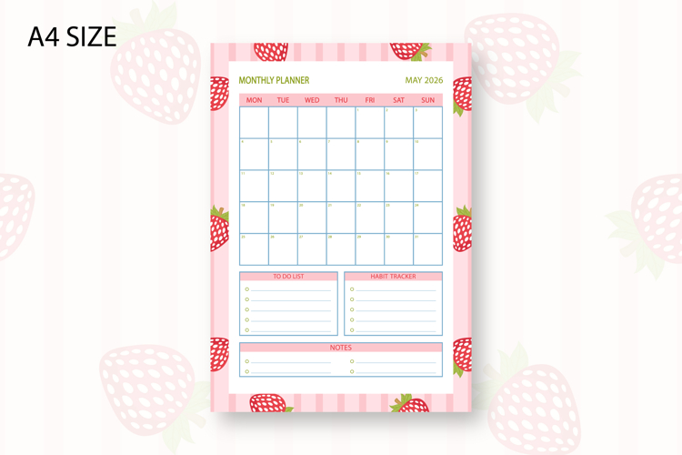 Strawberry Monthly Planner Template for May 2026